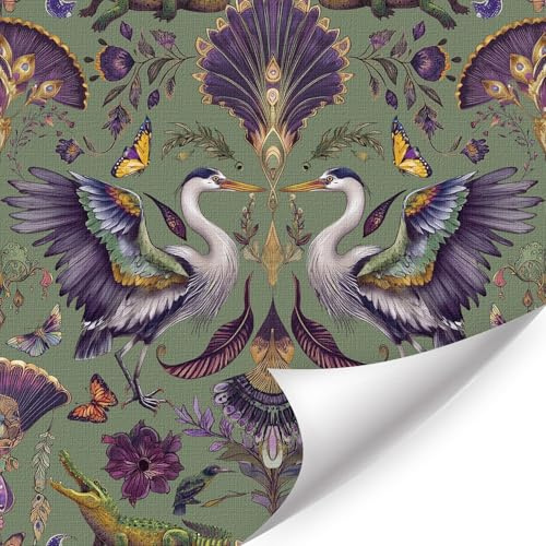 ANHUIB Vogel Krokodil Tapeten Lila Blume Tapete 44x300cm Selbstklebende Retro Blumen Tapeten Tier Muster Tapete Möbelfolie Selbstklebend Wohnzimmer Schlafzimmer Küche Bad Kinderzimmer Vinyl Klebefolie