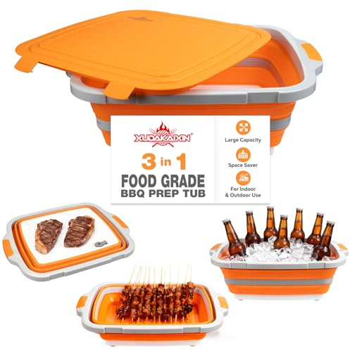 XUDAKAIXIN Collapsible BBQ Prep Tub for Meal Prep, Marinating,Food Storage, picnics, camping, barbecues,cutting fruits and vegetables - Includes Cutting Board and Locking Lid,(X-Large) Orange