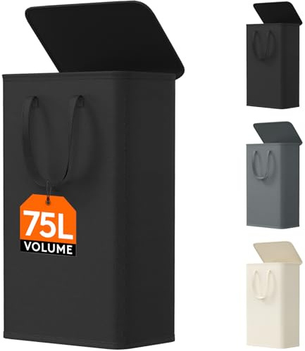 Lifewit Tvättkorg med Lock, Hopfällbar Organizer, Smal Korg Extra Platt, Förvaring Med Förlängda Handtag För Sovrum Badrum Tvättstuga, 75 L, Svart