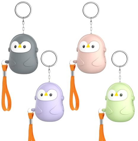 Lot de 4 alarmes de poche pour femmes : 130 dB, alarme personnelle avec éclairage LED et porte-clés, style pingouin, alarme d'autodéfense, pour femmes, enfants, personnes âgées, quart de nuit