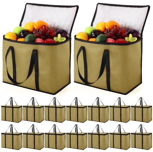Kenning 15 Pcs Large Insulated Reusable Grocery Bags with Sturdy Zipper and Handles Foldable Washable Cooler Totes Heavy Duty Hot or Cold Food Delivery Bag for Food Transport Travel Lunch (Khaki)
