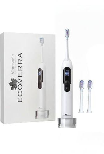 Ecoverra Vibrosonic Electric Toothbrush, White with Black Silicone Buttons, Smart LED Display, Multiple Brushing Modes, USB Charging, Sonic Technology, Waterproof Design