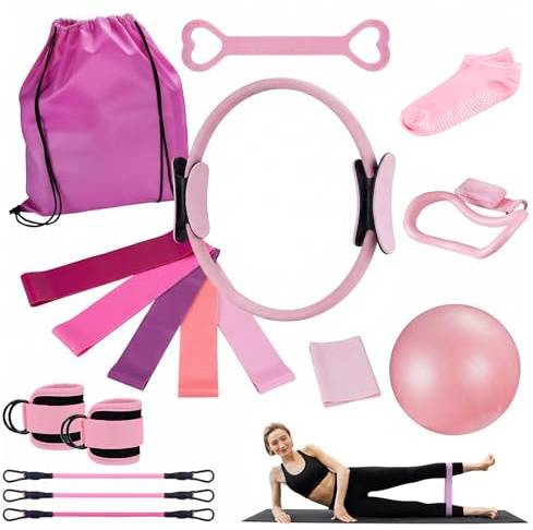 lameico 18Teiliges Pilates Set, Pilates-Ring, Yoga-Ball, Fitnessband, Spannungsring, Massageringund Tasche, passend für Home-Gym-Fitnessgeräte