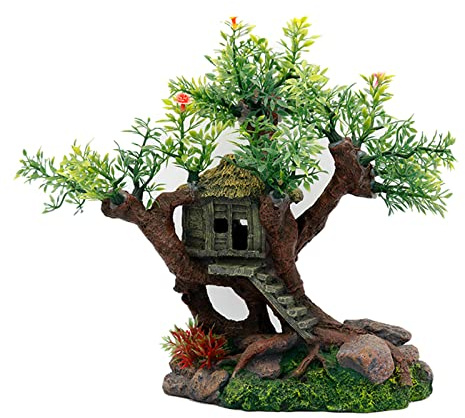 FGDTREE Acquario Resina Albero Decorazione Casa con Scale Erba Rocce Betta Pesce per Serbatoio Accessori per Granchi Eremiti Guppy Fish Tank Decorazioni Betta House