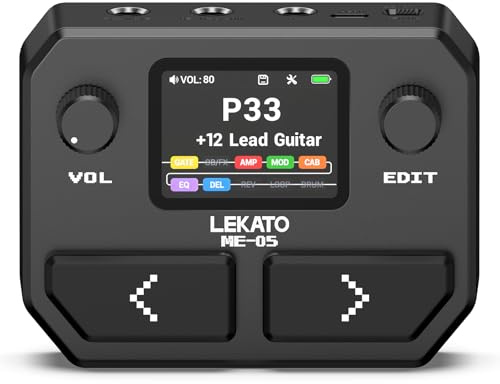LEKATO Pedal Multiefectos para Guitarra Bajo Procesador de Múltiples Efectos 10 Módulos, 99 Presets, 30 Amp/Cab Procesador de Efectos, Interfaz de audio USB OTG y BT, pantalla LCD de 2, Negro