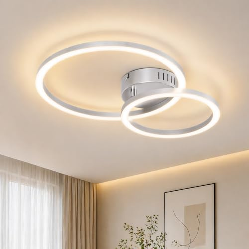 Homefire LED Deckenlampe Wohnzimmer Deckenleuchte Silber - 40cm Modern | Küchenlampe Decke 3000K Warmweiß 23W Wohnzimmerlampe 2-Ringe Design Deckenbeleuchtung für Küche Schlafzimmer Flur Büro