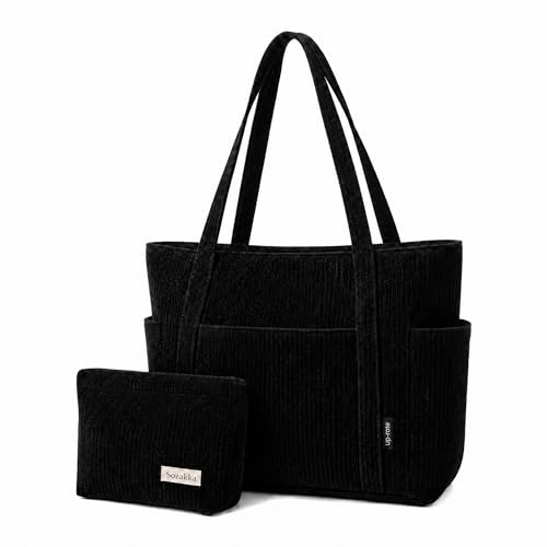 Suxyn Corduroy Tote Bag Set with Small Pouch, 2-Piece Large Capacity Shoulder Handbag with Zip for Women, Casual Multi-Pocket Tote Bag for Work, School, Travel, Shopping