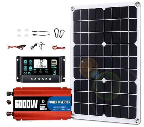 Convertisseur Kit Solaire 6000W/650W, Panneau Système Hors Réseau + Contrôleur + Onduleur 12V À 110V 220V pour Camping-Car Domestique Onduleur