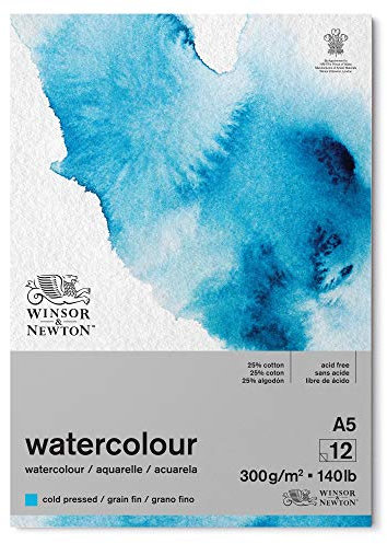 Winsor & Newton 6667008 Aquarellpapier, Mischung von 25% Baumwolle und Zellulosefasern hergestellt, helles natürliches weiße, DIN A5-12 Blatt Classic, 300g/m²