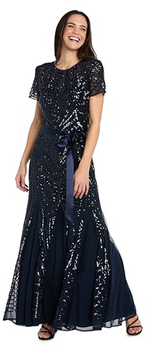 R&M Richards Damen Abendkleid mit Satin-Taillenband Kleid, Marineblau, 44