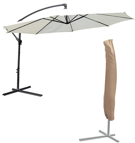 KCT 3m Large Cream Hanging Cantilever Parasol and Cover - Umbrella Patio Sun Shade with Adjustable Crank Tilt and Outdoor UV Protection