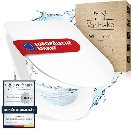 VanFlake Toilettendeckel D-Form Slim – Klodeckel in weiß mit Absenkautomatik & Schnellverschluss, antibakterielle Klobrille aus Duroplast, abnehmbarer WC Sitz für einfache Montage & Reinigung
