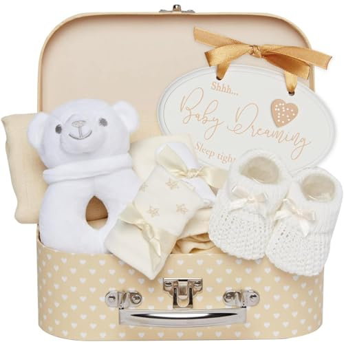 Babypresent till spädbarn med inledande babyutrustning, babyset inklusive skaller, fotoram, musselduk, haklapp, strumpor, handskar och hatt