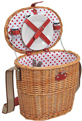 matches21 Picknick Korb Damen Picknickkorb für 2 Personen Weidenkorb oval braun weiß rot 14-TLG inkl Mehrweg Geschirr