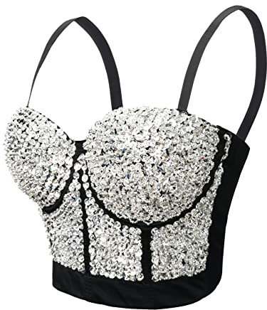 Woboren Damen Pailletten Perlen Bustier Crop Top Push-up Club Party Korsett Top with Detachable Strap