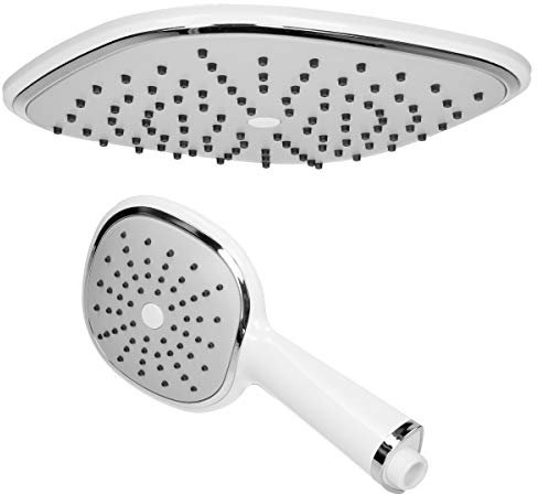 ECD Germany Regendusche Duschkopf Handbrause Set - aus Edelstahl - Silber/Weiß - Oval - Anti-Kalk Düsen - Duschbrause Brausekopf Regenduschkopf Einbauduschköpfe Überkopfbrause Dusche Regen Duschset