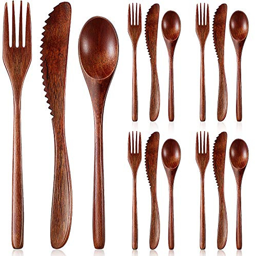 Geiserailie 12 Pcs Wooden Utensils for Eating Wooden Spoon Fork Knife Set