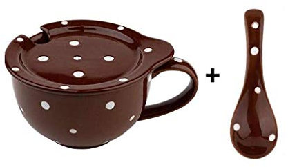 Sywlwxkq Breakfast Soup Bowl Bowls with Handle Polka Dot Ceramic Anti-Scald Microwave Porridge Oat Milk-Brown+Spoon+cover-480ML