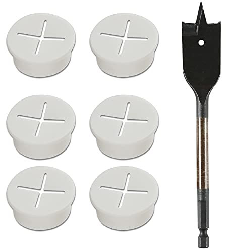 BESTYCHAO Flexible Silikon-Kabeldurchführung, 6 Stück, 25mm, Schreibtischdurchführung mit 1 Bohrer, für Schreibtisch, Tisch und andere Möbel, Lochabdeckung, Kabelmanagement (Weiß)