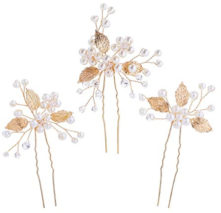 3 Stück Braut Haarschmuck Gold Perlen Bride Wedding Hair Pins Kopfschmuck Hochzeit Haarspangen Blätter Braut Tiara Blume Haarschmuck Hair Clips für Bräute Brautjungfern