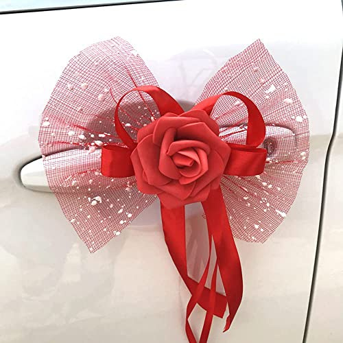 Duories 2 Stück Autoschmuck Hochzeit Auto Deko Rose Blumen Dekoschleife Fertigschleife Autoschleifen Antennenschleifen für Hochzeit Deko Auto Rückspiegel Türgriff Deko Blumen,Rot