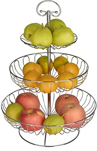 JGATW Panier à Fruit 3 Tier Fruit Basket Bowl Support for comptoir, Fruits légumes Fil Panier Porte-Organisateur, Porte-Fruits Amovible en métal avec poignée Ustensiles de Cuisine (Color : Silver)
