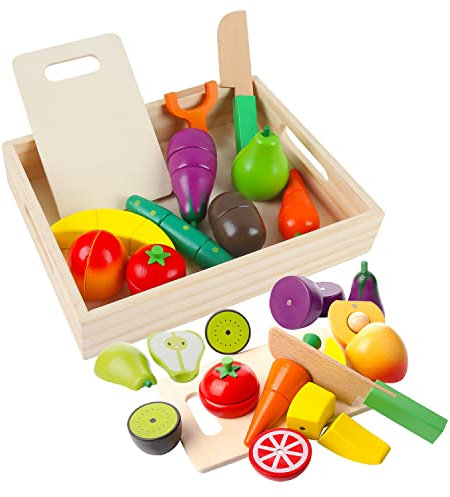 Dilpeak Hölzernes Küche Kinder Spielzeug, Schneiden Sie Obst und Gemüse Magnetspielzeug, Kochen Lebensmittel Simulation Bildungs und Farbe Wahrnehmung für Vorschulalter Kleinkinder Jungen Mädchen