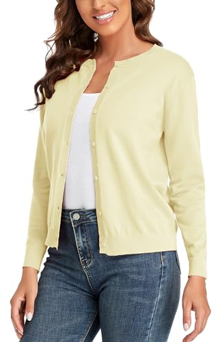 CUNYI Cardigan de Punto para Mujer Rebeca Cuello Redondo Clásico Manga Larga Chaqueta de Mujer con Botones Abrigo Elegante, Amarillo Claro L