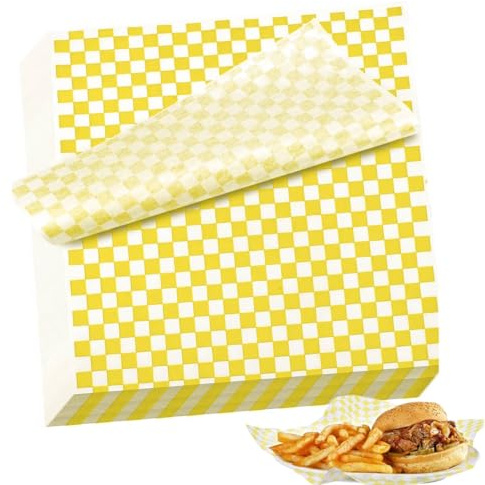 Käsepapier, 100 Blatt Checkered Wachspapier für Lebensmittel, Pommestüten Papier Butterbrotpapier Deli Basket Liner Lebensmittelverpackung Papier für Sandwich Fast Food Snacks Brot Hamburger (Gelb)