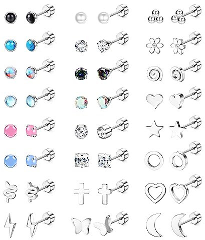 LOLIAS 24 Paar Hypoallergen Medizinische Ohrstecker für Damen Frauen Ohrringe Silber Helix Piercing Ohr Ohrstecker Chirurgenstahl Opal Perlen Mondstein Gesundheitsstecker Ohrringe Set Kinder Mädchen