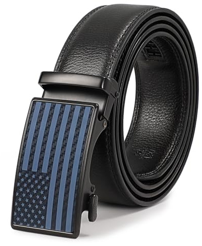 SANSTHS Mens Leather Belts Ratchet Black Dress Belt for Men with Automatic Slide Buckle Everyday Jeans Gift Belt for Him