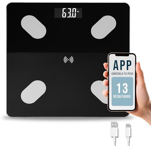 Digitale Personenwaage, Körperfett, ultradünn, mit intelligentem Bluetooth, mit App zur Körperanalyse, Waage mit Micro-USB-Ladegerät, Schwarz