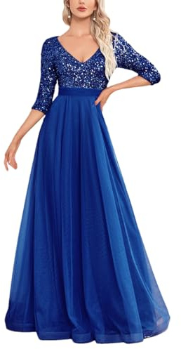 Wjnvfioo Elegantes Abendkleid aus Chiffon, blau, lang, luxuriös, für Damen, Hochzeit, Party, Abschlussball, Pailletten, kurzärmelig, Cocktailkleid