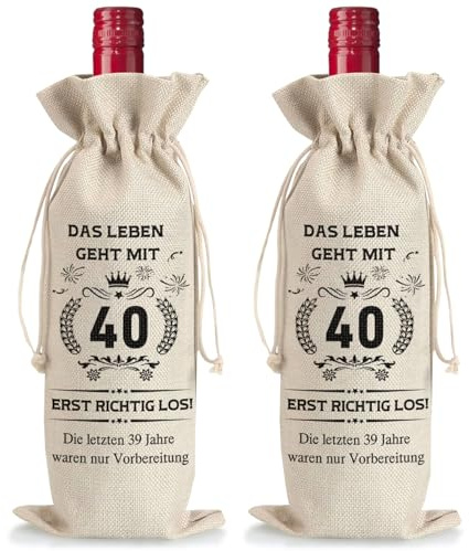 2 Stück Weinflasche Tasche Jute, Geschenke zum 40 Geburtstag Mann Frau, Weinbeutel Wiederverwendbare Wein Geschenkbeutel mit Kordelzug Wein Geschenktasche Weinflaschen Geschenktüten für Sektflaschen