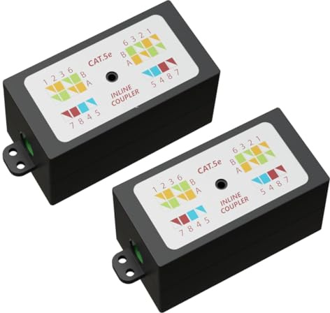 rhinocables RJ45 Cat 5e Punchdown Krone Joiner | Inline Gigabit Ethernet Coupler for Solid-Core LAN Cables | Colour-Coded IDC Junction Box for Internal Network Repairs & Extensions, Black (2 Pack)