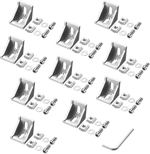 JiGiU 10PCS 2020 Aluminum Extrusion Profile Connector Angle Bracket | 28x28x20mm 2020 Hardware Corner Mounting Bracket Slot 6mm with T Nuts and Screws for 2020 2040 Series Aluminum Profile-Silver