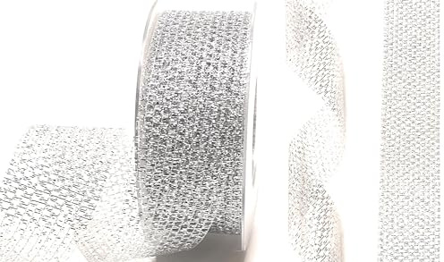 s.dekoda Schleifenband 25m x 40mm Silber Gitterband Raschelband Dekoband [D4203]