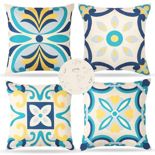 4 Piezas Azul Funda de Cojín Exterior Impermeable Lino Estampado Floral | Dremisland Fundas de Almohada Decorativa Boho Cojín Cubierta para Habitacion Patio Jardín Balcón Sofá, 45x45cm