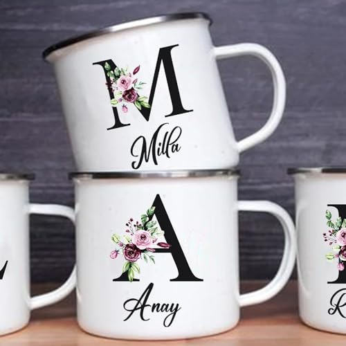 Personalisierte Emaille-Tassen Mit Ihrem Anfangsbuchstaben Und Namen, Buchstaben Kaffeetassen, Campingtassen, Kaffee, Tee, Milchtassen, Festtags, Geburtstags, Muttertags, Hochzeits Geschenke