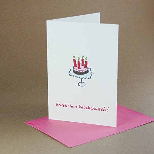 10 Recycling-Glückwunschkarten mit rosa Recyclingumschlägen B6, Anke Thomas: Herzlichen Glückwunsch! (Torte mit vier Kerzen), Recycling-Klappkarte