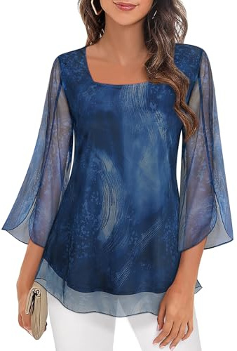 Syphiby Ladies Chiffon Tops for UK Women, 3/4 Sleeve Evening Tops Layered Square Neck with Chiffon Overlay