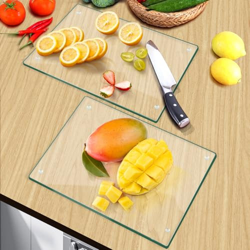 Tempered Glass Cutting Board for Kitchen，2 Pack of 40 * 30cm Safe Hygienic Glass Worktop Savers，Clear Chopping Board Glass Tray for Kitchen Countertop, Shatter-Resistant, Heat-Resistant,Easy-Clean