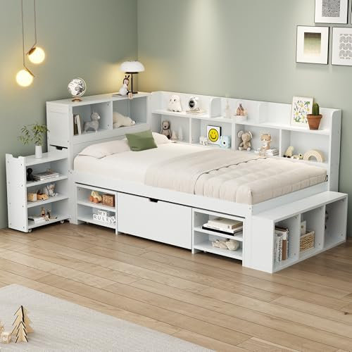 Ctastay Kinderbett Einzelbett 90x200 cm, Bett Holzbett mit Stauraum Schubladen & Staufach, Familienbett Jugendbett mit Regal & Lattenrost, Weiß (Ohne Matratze)