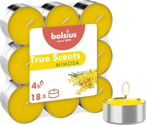 Bolsius True Scents – Set di 18 candele riscaldate al profumo – Mimosa – Durata di Combuszione: 4 ore – Decorazione per la casa - Estratti naturali – Con cera naturale vegana