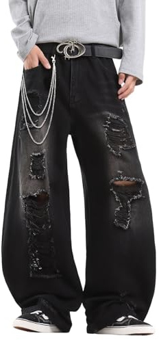 Zewool Mens Hip Hop Baggy Jeans Wide Leg Skater Jeans Casual Loose Denim Pants Y2k Skateboard Streetwear Straight Relaxed Fit Extreme Motion Ripped with Holes Distressed Destroyed,A12 Black,XL