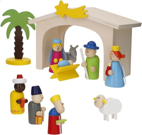 WOOMAX 33045 Belén de Madera para niños, 11 Figuras, Pesebre Infantil Navidad, Portal de Belén fácil de Montar y Desmontar, Reyes Magos, Juguete para niños +3 años, Decoración navideña