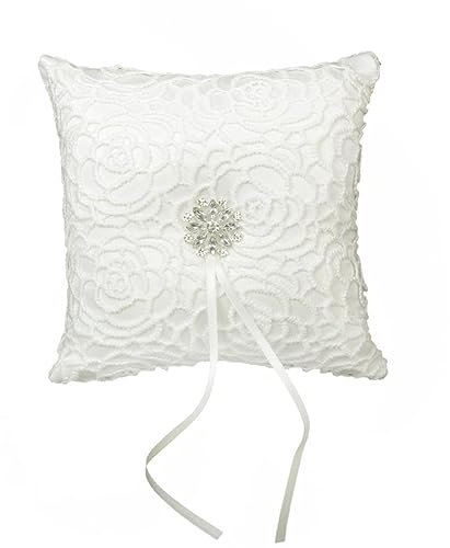 PRETYZOOM Ringkissen für Hochzeit Satin-Blumenmuster-Design mit Schleife und Strasssteinen Rückseite Schlaufe für Ringträger