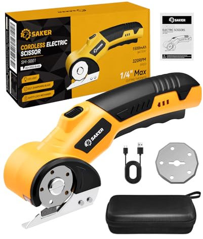 Saker Cordless Electric Scissors,Rechargeable Fabric Scissor with LED Light,Power Rotary Cutter for Leather Carpet Plastic Cutting,Sewing,Crafting,Cardboard Box Cutter with 2 Blades