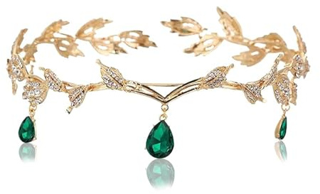 MisFun Elfenkrone, Prinzessin Crystal Crown, Kristallperlen Stirn Kopfschmuck, Vintage Grün Strass Diadem, Tiara für Hochzeit Braut Motto Party Karneval Cosplay Festival Kostüm Zubehör
