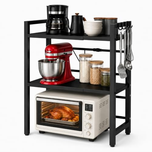 OJTOJT Étagère Micro-Ondes Extensible, étagères pour Micro-Ondes avec 6 Crochets étagère de Cuisine Gain de Place, 40 – 63 cm réglable Deux Niveaux Micro-Ondes étagère pour Mettre des Assiettes（Noir）